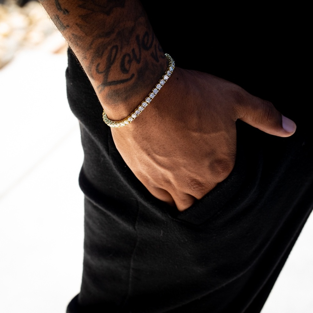 Mens Hip Hop Round Cut Solitaire Cz 14K Gold Plated Iced Tennis Chain Bracelet